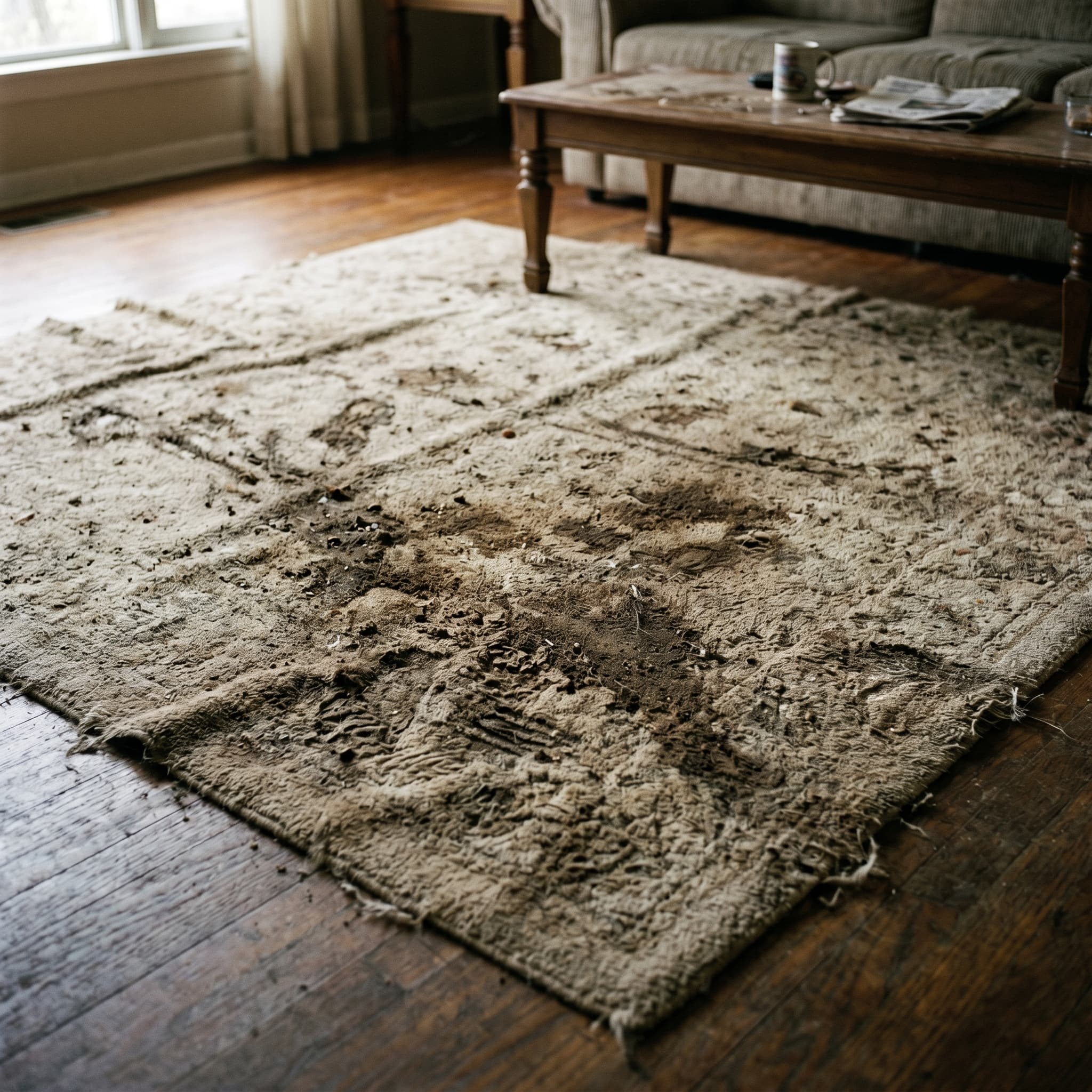 Dirty living room carpet with visible soil