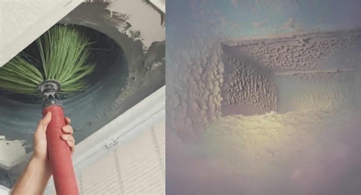 Rotary brush on a hose cleaning a round ceiling air duct beside a dust-caked vent interior in a Las Cruces home
