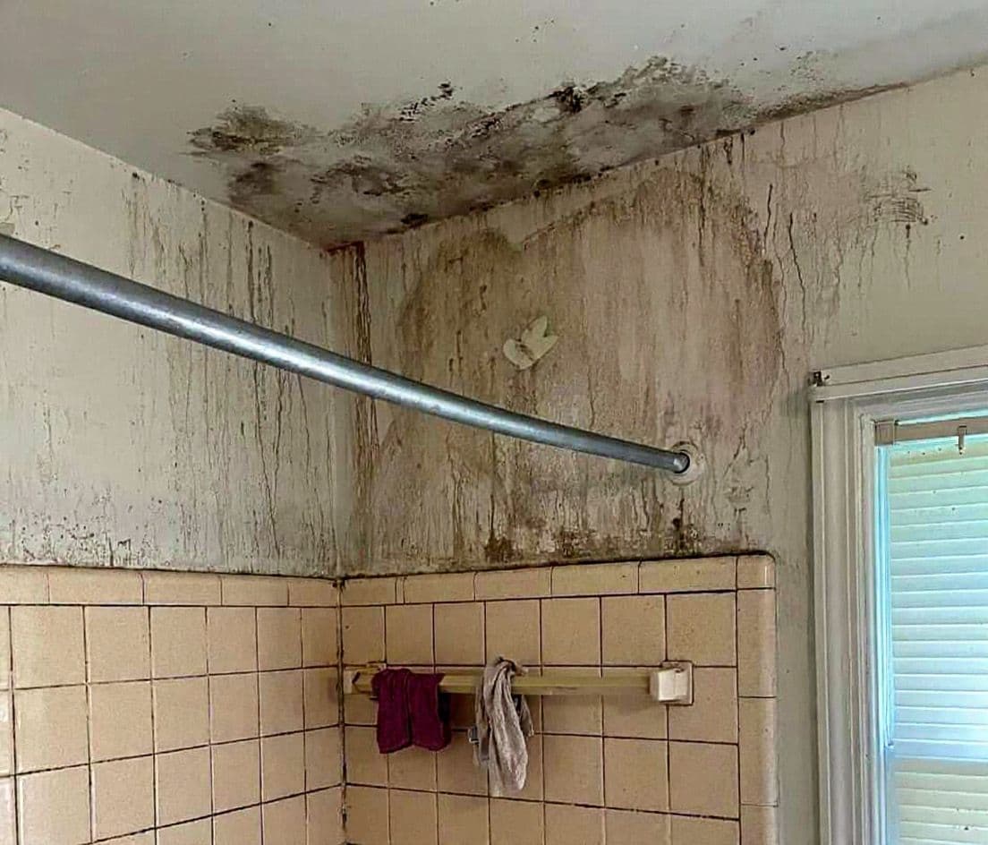 Water damage with dark staining across a bathroom ceiling and wall above the tile in a Las Cruces home